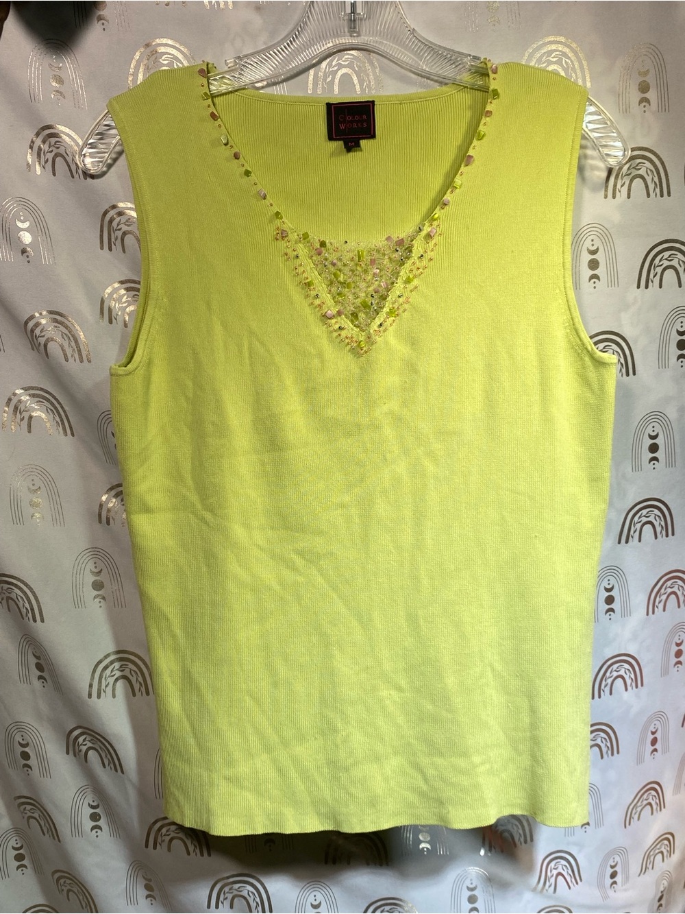 Coldwater Creek Lime Beaded V-Neck Sleeveless Tank Top